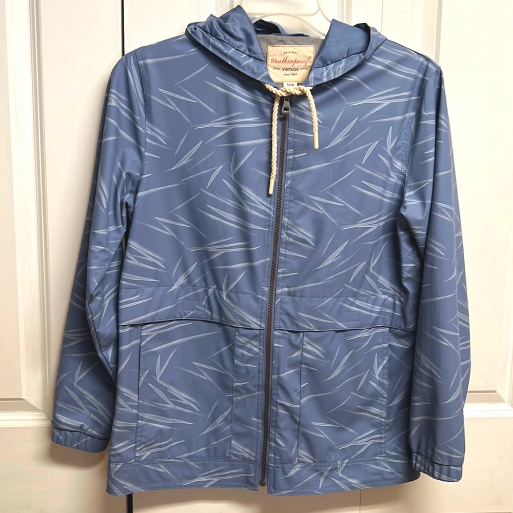 Original Weatherproof Vintage Style 2 Tone Blue Fern Print Hood Raincoat Size S